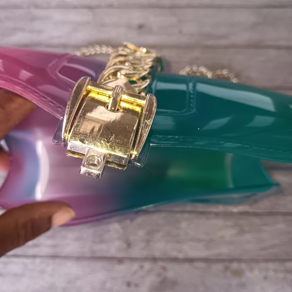 Transparent Jelly Crossbody With Gold Tone Hardware & Chain~Pink & Green Ombre - Picture 5 of 6